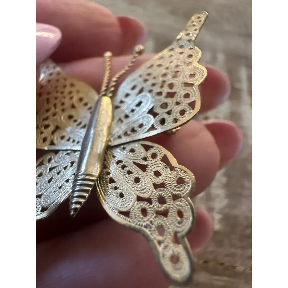 Vintage Metal Filigree Gold tone Butterfly Brooch Lapel Pin